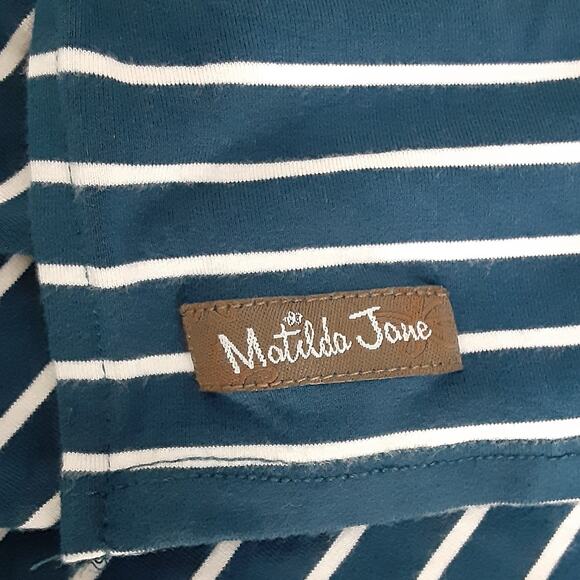 Matilda Jane Set Sail Maxi Dress Teal White Nautical Stripe Womens L Jersey Knit - Picture 7 of 9